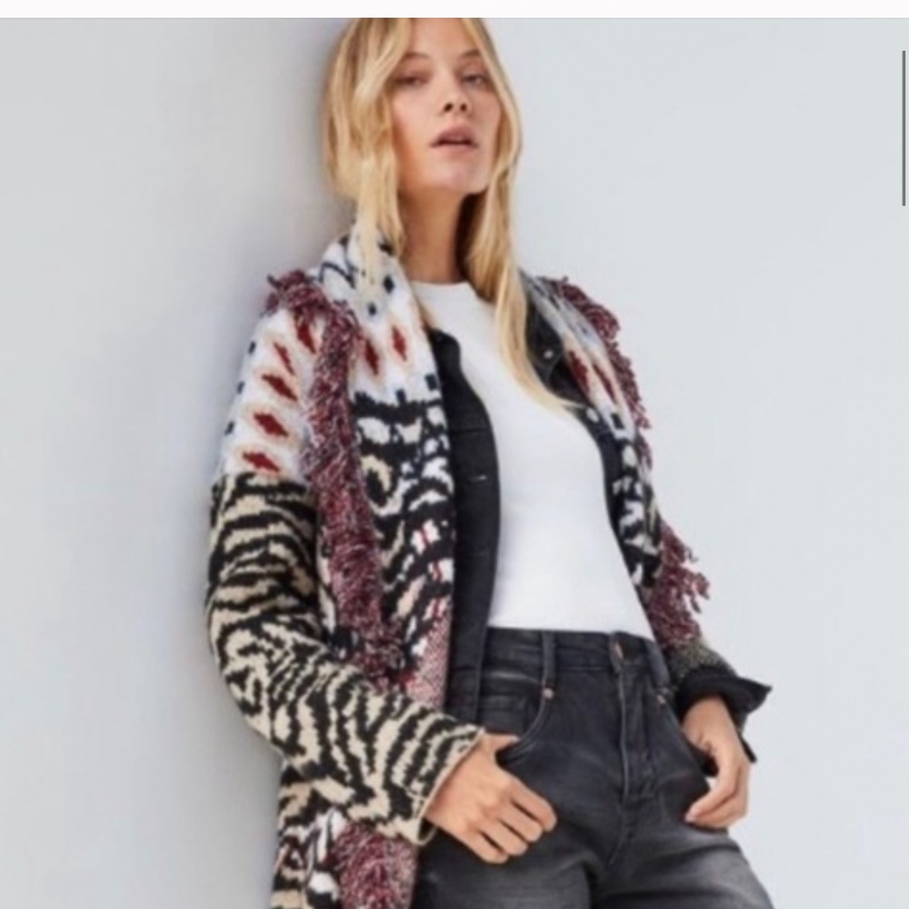 NWT Anthro Paloma Fringe tiger  print cardigan XS